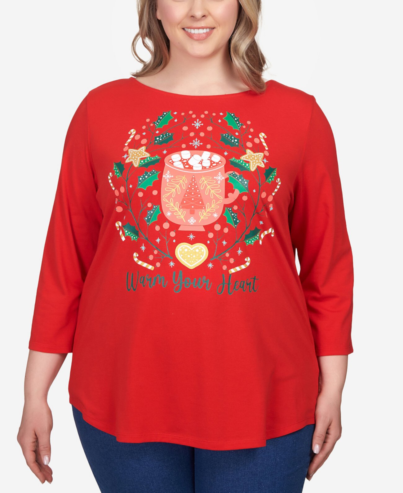 Плюс размер Согрей твое сердце Праздничная футболка с рукавами три четверти Ruby Rd.