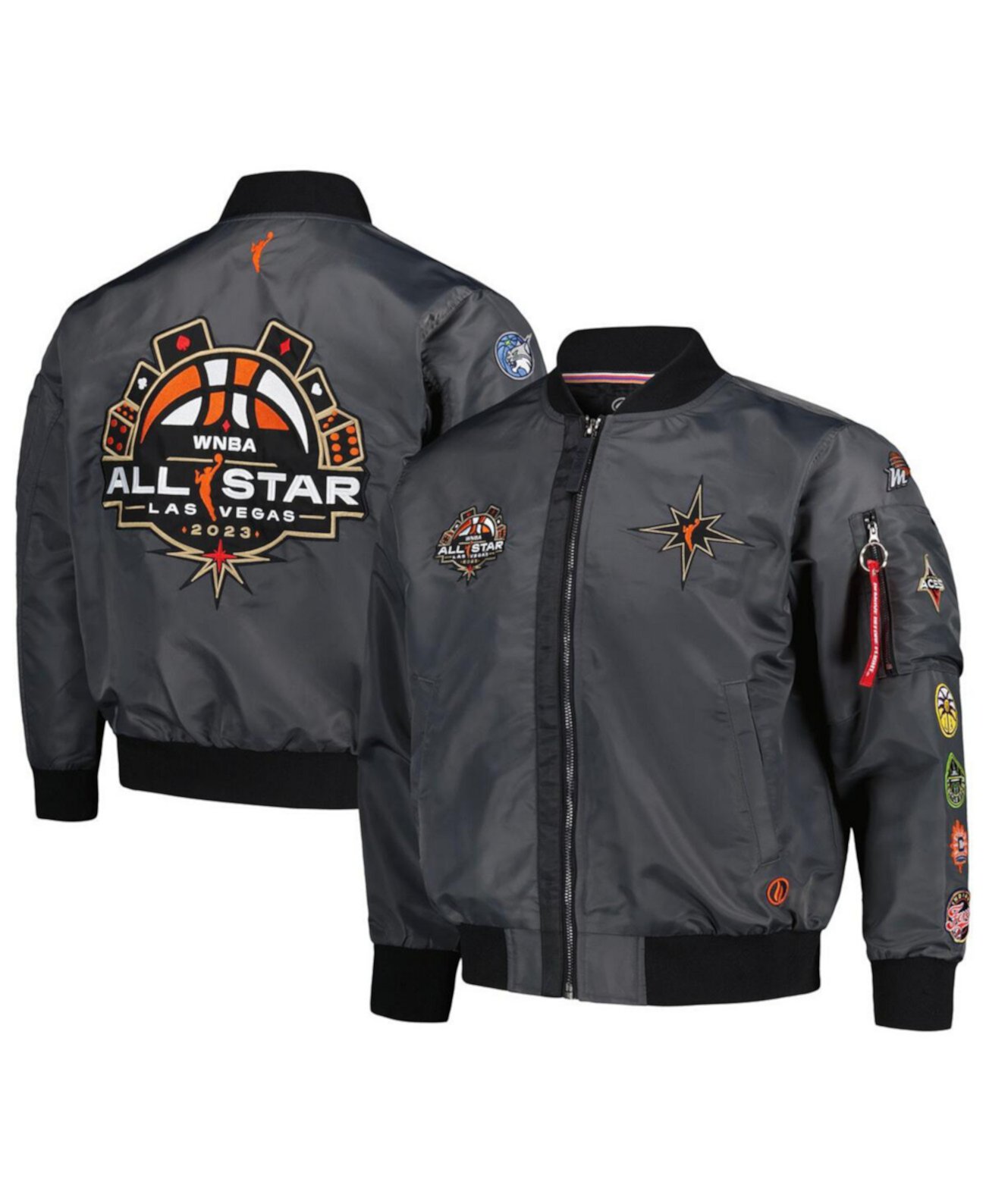 Мужская и женская темно-серая летная куртка WNBA All-Star Game 2023 с аппликацией FISLL