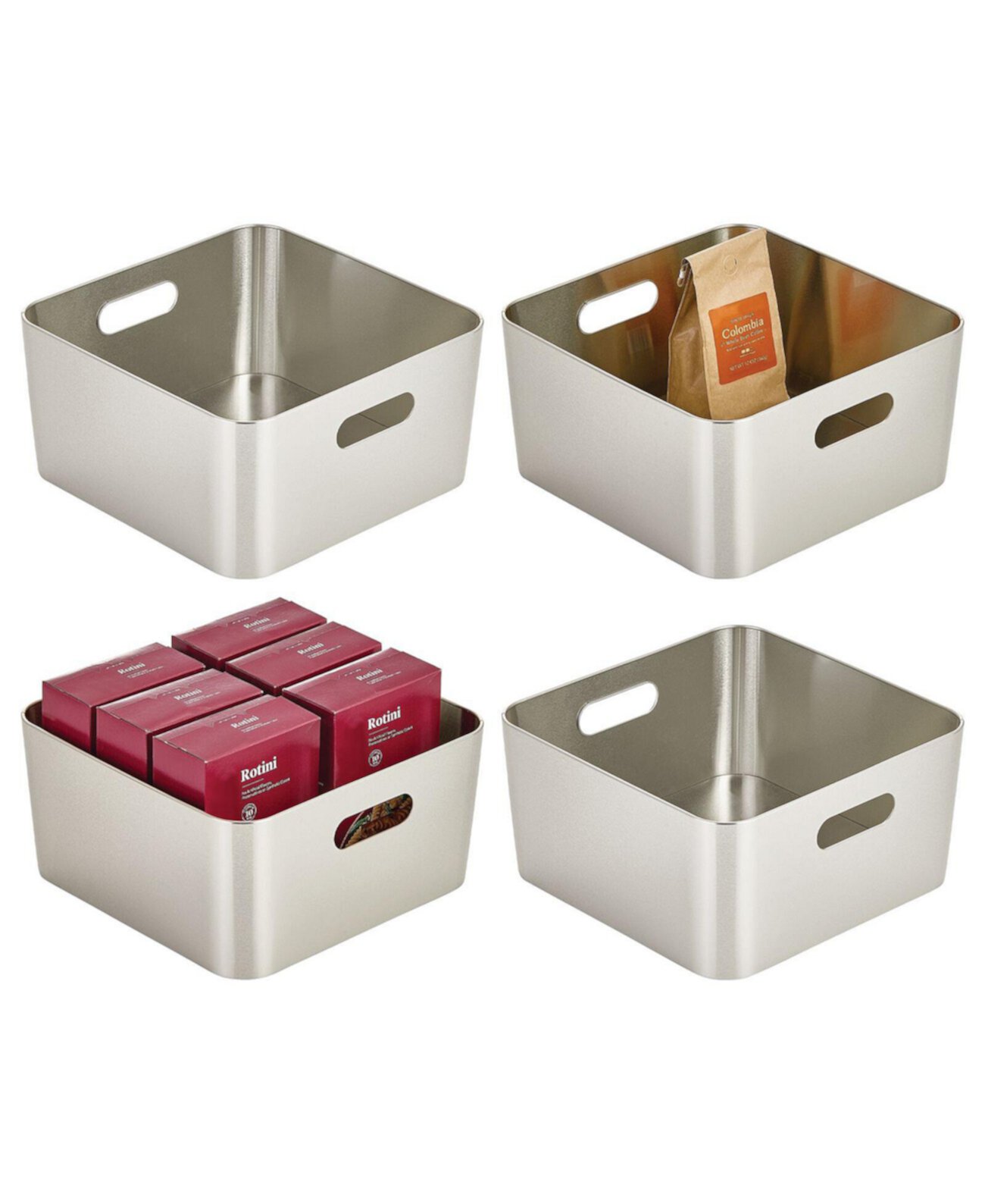 Medium Metal Kitchen Storage Bin with Handles, 4 Pack, Brushed Chrome MDesign