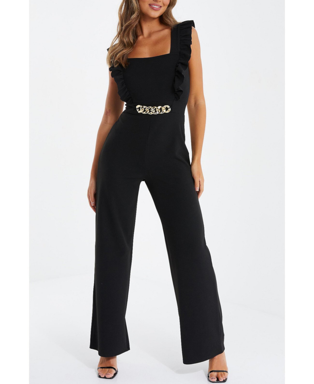 Women's Scuba Crepe Chain Front Frill Jumpsuit Quiz