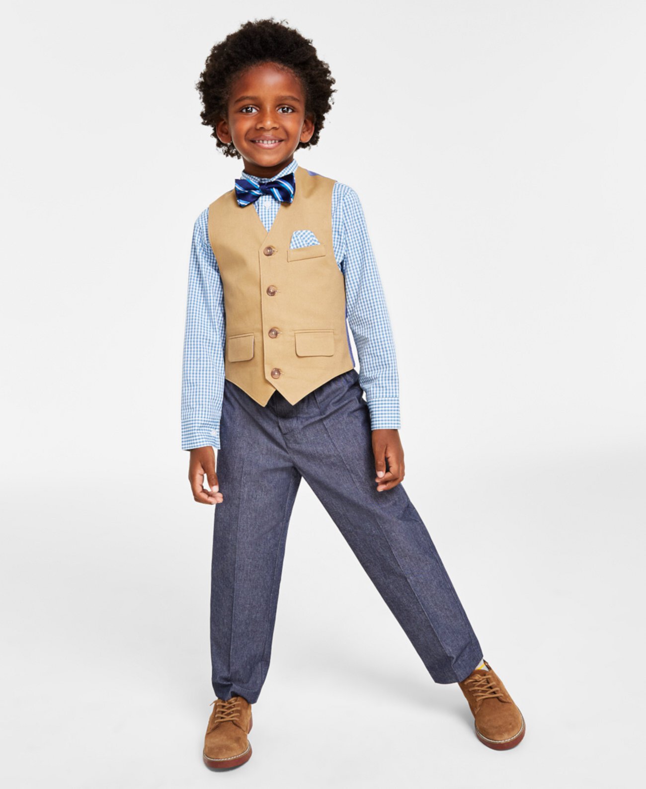 Малыши для мальчиков, 4 шт. Комплект из клетчатой рубашки, саржевого жилета, брюк и галстука-бабочки Nautica