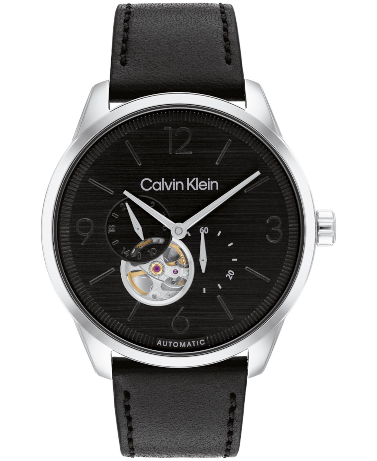 Мужские автоматические часы с черным кожаным ремешком, 44 мм Calvin Klein