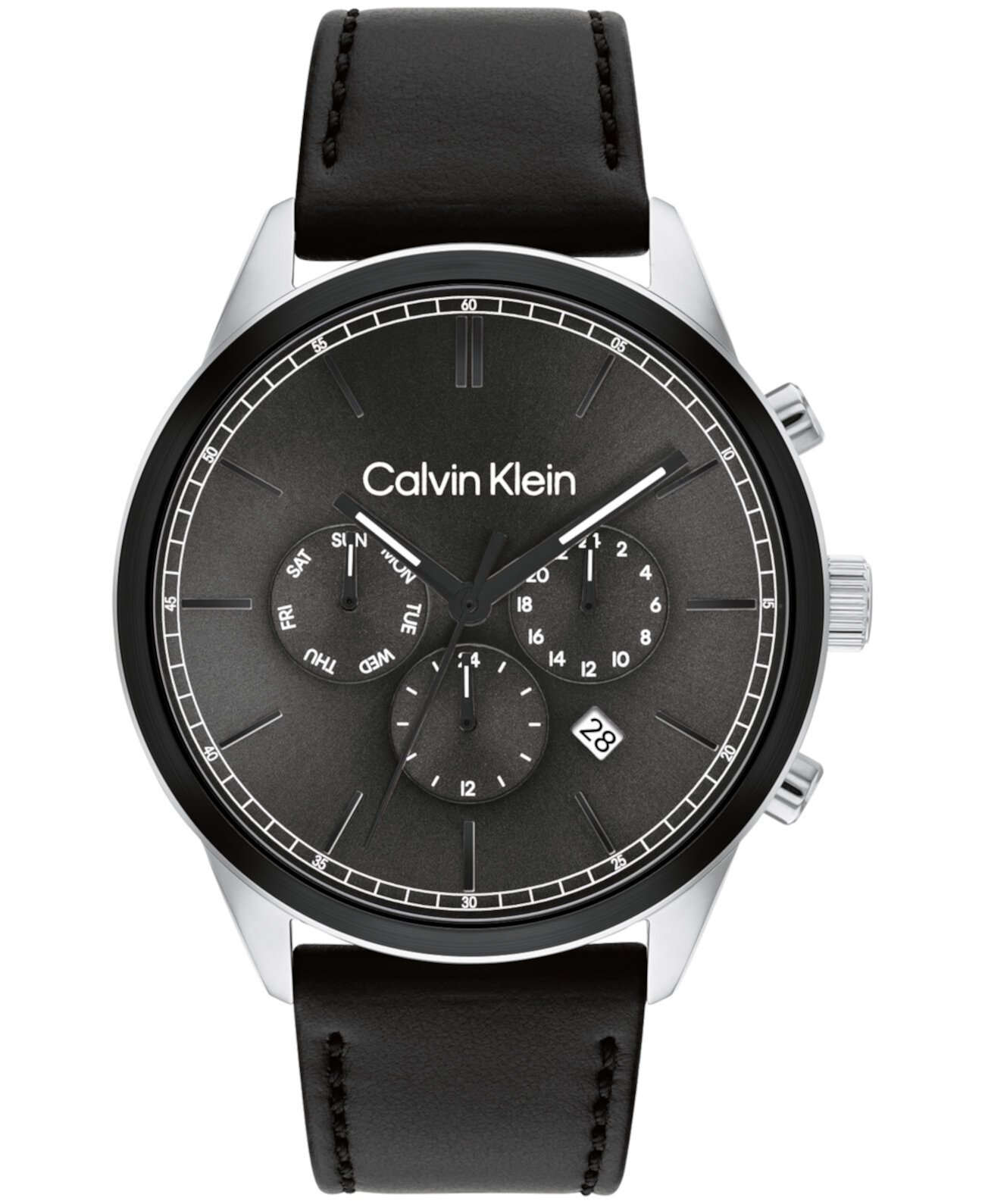 Мужские многофункциональные часы с черным кожаным ремешком, 44 мм Calvin Klein