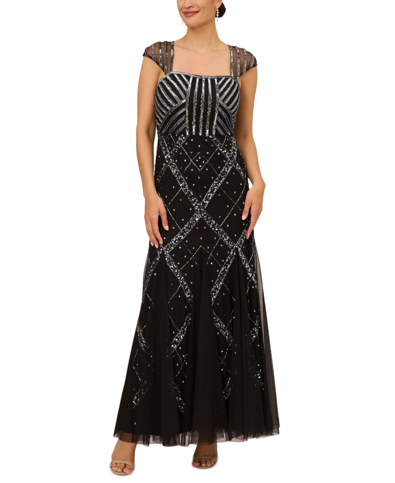 Женское украшенное платье с квадратным вырезом и короткими рукавами Papell Studio