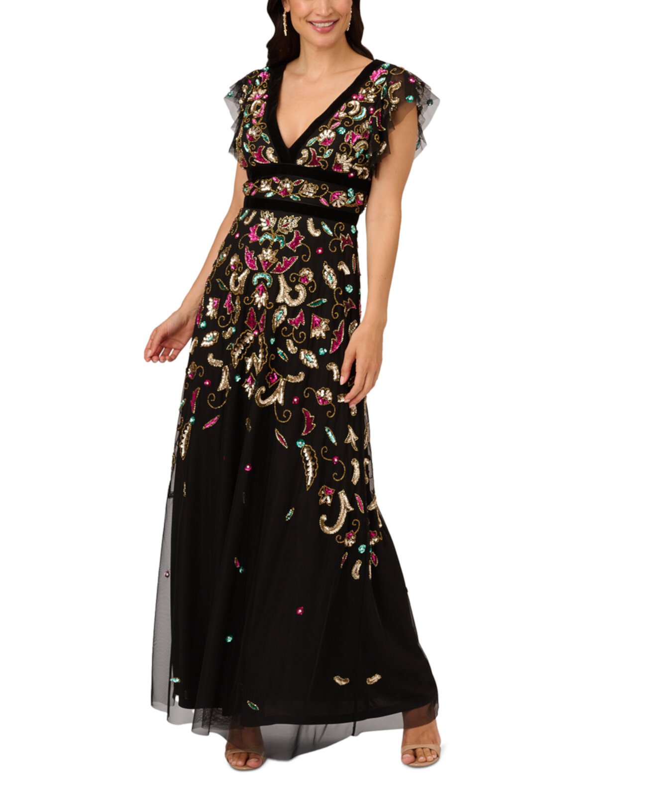 Женское платье с бархатной отделкой, расшитое бисером Adrianna Papell