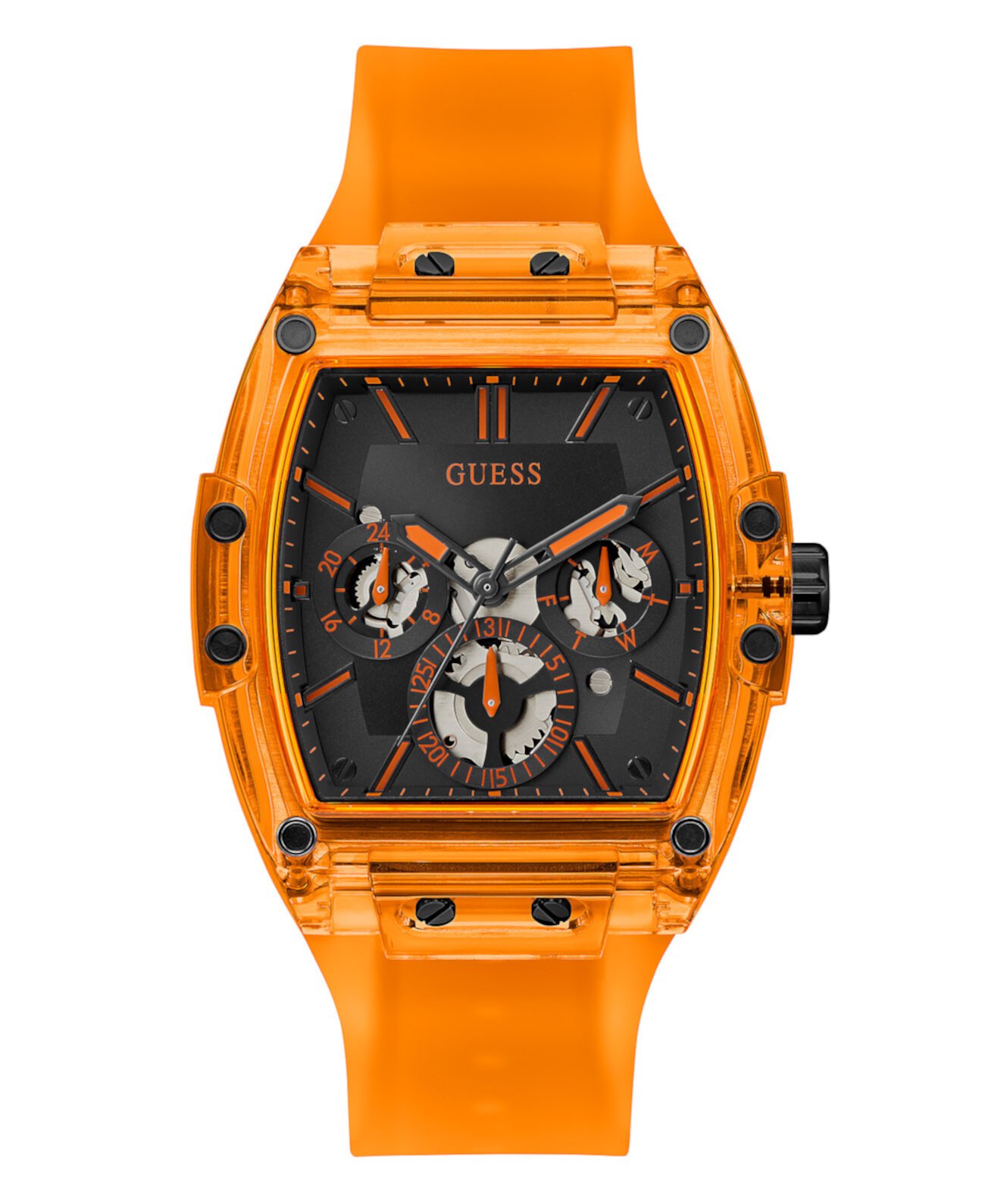 Мужские многофункциональные оранжевые силиконовые часы 43 мм GUESS