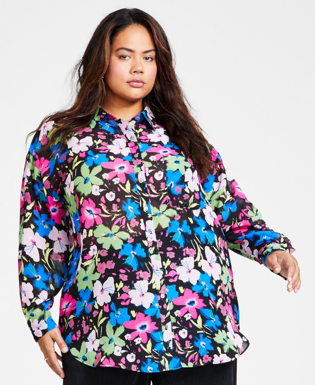 Шифоновая блузка на пуговицах с цветочным принтом больших размеров, созданная для Macy's
