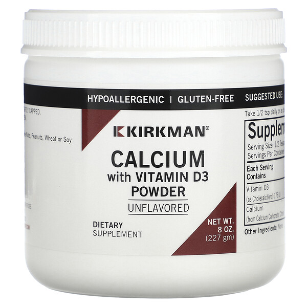 Calcium with Vitamin D3 Powder (Порошок), Unflavored (Без вкуса), 8 oz (Унции) (227 g) Kirkman Labs