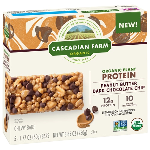 Organic Plant Protein Chewy Bars Peanut Butter Chocolate Chip -- 5 Bars Cascadian Farm