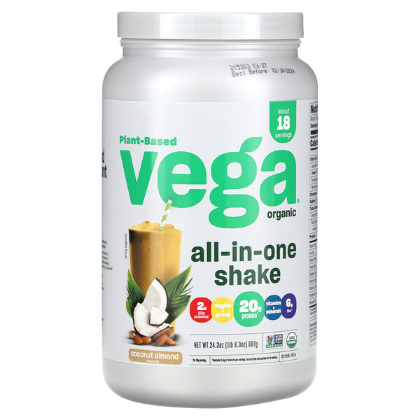 Органический универсальный коктейль «все в одном» на растительной основе, кокос и миндаль, 24,3 унции (687 г) Vega