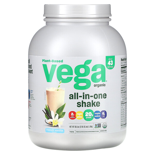 Растительный органический коктейль «все в одном», французская ваниль, 3 фунта 10,1 унции (1,6 кг) Vega