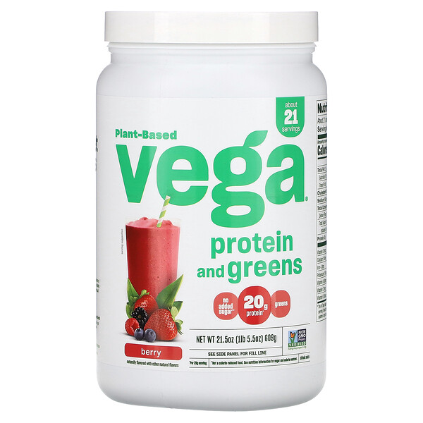 Растительный белок и зелень, ягоды, 1 фунт 5,5 унции (609 г) Vega
