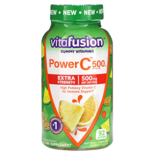 Жевательные витамины, Power C, повышенная сила, тропические цитрусовые, 125 мг, 92 жевательные конфеты Vitafusion