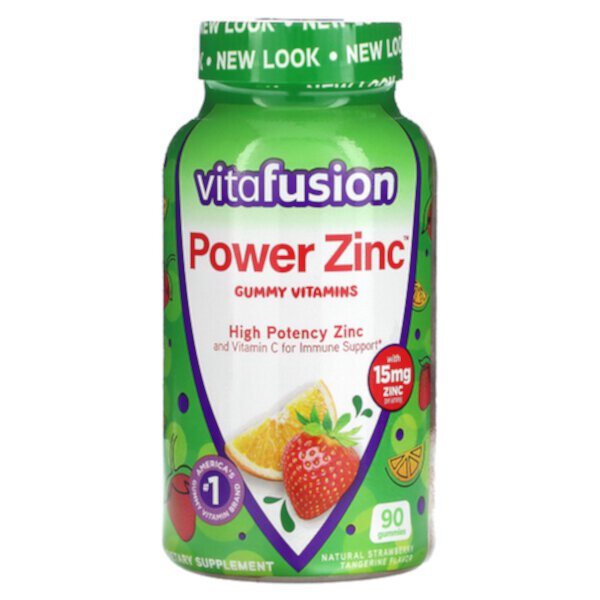 Power Zinc Gummy витамины, натуральная клубника и мандарин, 15 мг, 90 жевательных таблеток (5 мг на одну жевательную конфету) Vitafusion