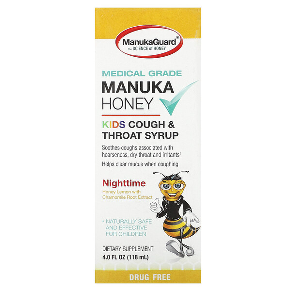 Manuka Honey, Kids Cough & Throat Syrup, Nighttime, Honey Lemon, 4 fl oz (118 ml) ManukaGuard