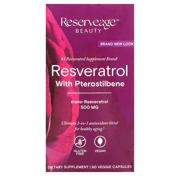 Ресвератрол с птеростильбеном, 500 мг, 60 растительных капсул Reserveage Beauty
