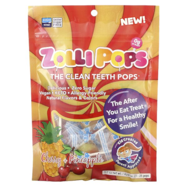 The Clean Teeth Pops, Cherry + Pineapple, Approx. 23-25 Pops, 5.2 oz Zolli Pops