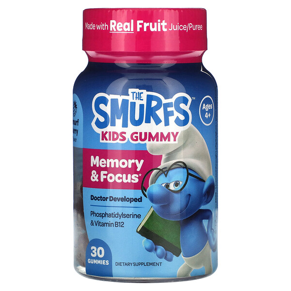 The Smurfs, Детские жевательные конфеты для памяти и фокусировки, ягоды Смурфика, возраст 4+, 30 жевательных конфет The Smurfs