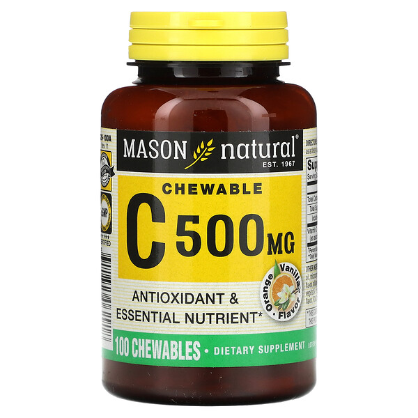 Витамин С, апельсин и ваниль, 500 мг, 100 жевательных таблеток Mason Natural