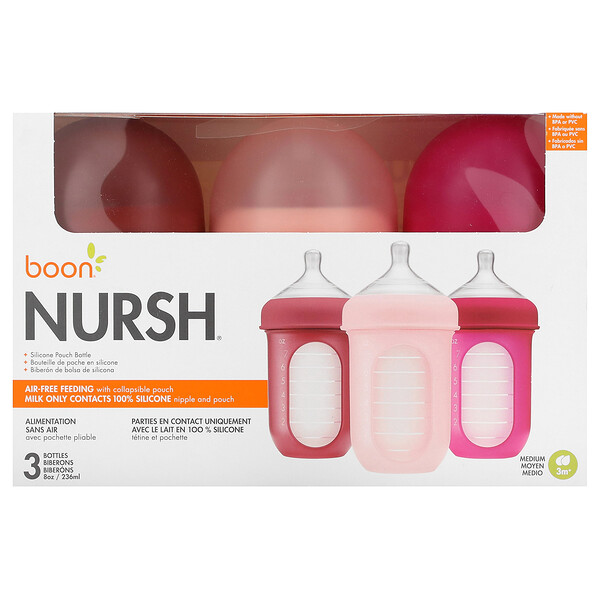 Nursh, Бутылочка в силиконовом мешочке, от 3 месяцев, средний размер, 3 бутылочки по 8 унций (236 мл) каждая Boon