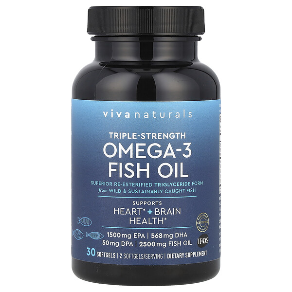 Omega-3 Fish Oil, Triple-Strength, 30 Softgels (Мягкие капсулы) Viva Naturals