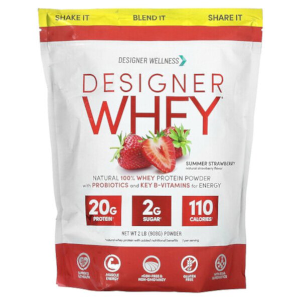 Designer Whey, Натуральный 100% порошок сывороточного протеина, летняя клубника, 2 фунта (908 г) Designer Wellness