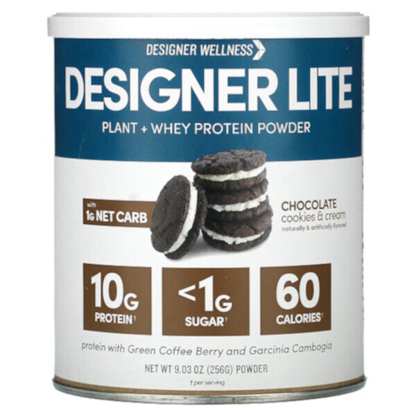 Designer Lite, Растительный + сывороточный протеиновый порошок, шоколадное печенье и сливки, 9,03 унции (256 г) Designer Wellness