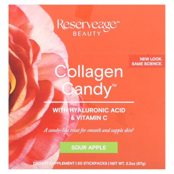 Collagen Candy, кислое яблоко, 20 пакетиков по 0,1 унции (3,35 г) каждый ReserveAge Nutrition
