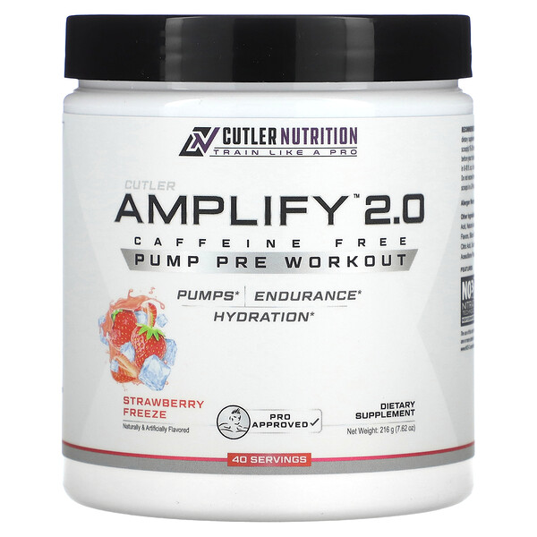 Amplify 2.0, Pump Pre Workout, без кофеина, замороженная клубника, 7,62 унции (216 г) Cutler Nutrition