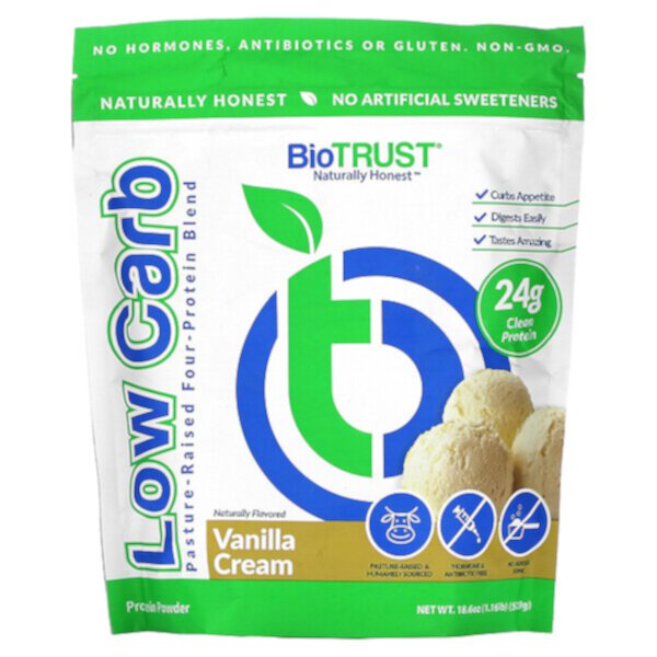 Низкоуглеводная смесь из четырех белков, выращенных на пастбищах, ванильный крем, 1,16 фунта (529 г) BioTRUST