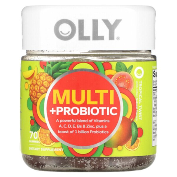 Мульти + пробиотик, тропический твист, 70 жевательных конфет OLLY