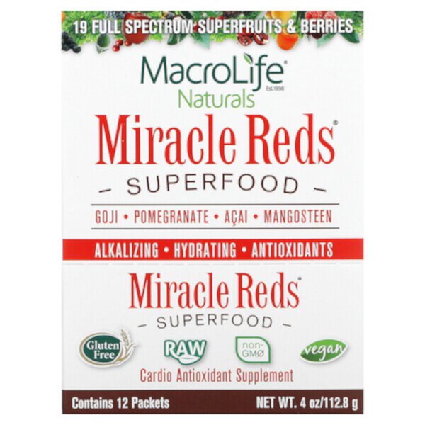 Miracle Reds, Superfood, годжи, гранат, асаи, мангостин, 12 пакетов по 0,3 унции (9,5 г) каждый Macrolife Naturals