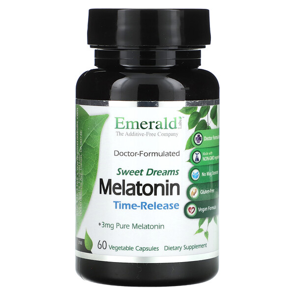 Sweet Dreams, Melatonin, Time-Release, 3 mg, 60 Vegetable Capsules (Растительные капсулы) Emerald Labs