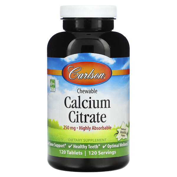 Жевательный кальций цитрат, Натуральная ваниль - 250 мг - 120 таблеток - Carlson Carlson