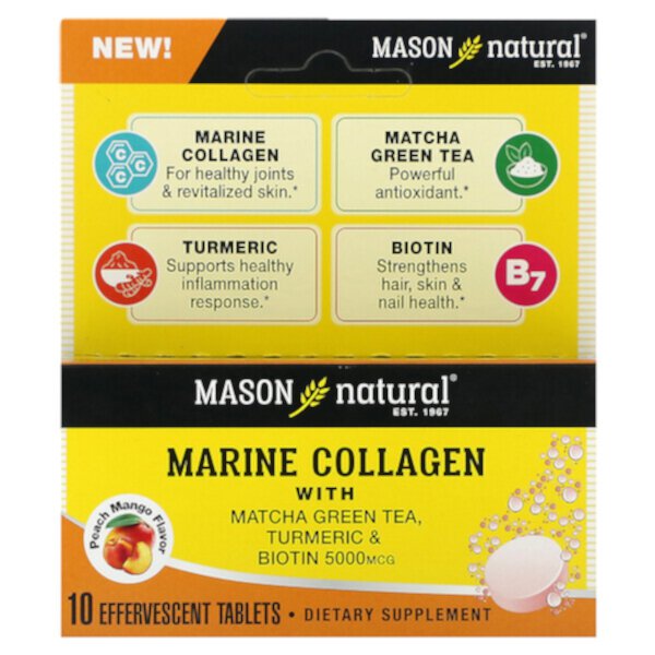 Морской коллаген с матча, куркумой и биотином, Персик Манго - 5000 мкг - 10 шипучих таблеток - Mason Natural Mason Natural