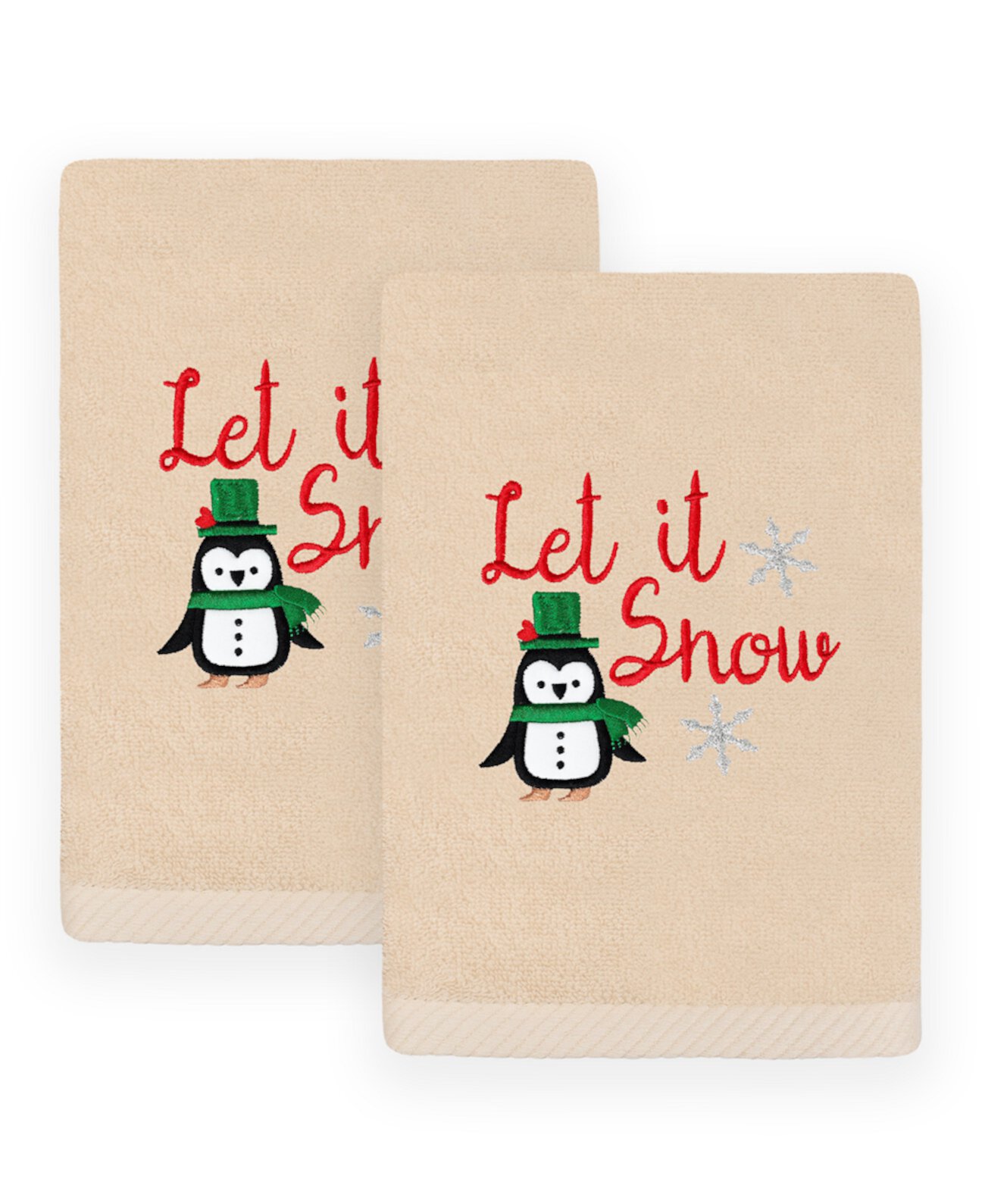 Christmas Let It Snow Embroidered Luxury 100% Turkish Cotton Hand Towels, 2 Piece Set Linum Home