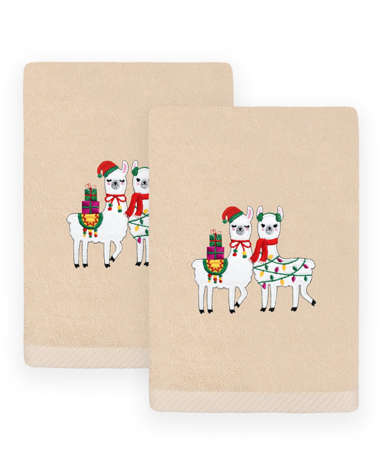 Christmas Llamas Embroidered Luxury 100% Turkish Cotton Hand Towels, 2 Piece Set Linum Home