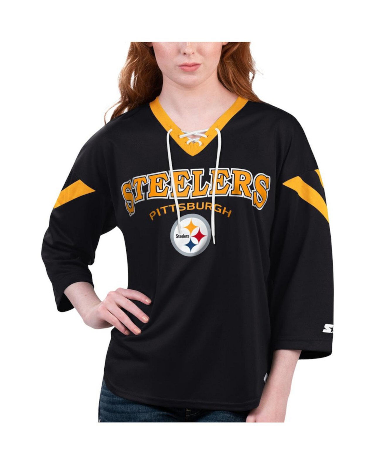 Дамская черная футболка Pittsburgh Steelers Rally с рукавами 3/4 и шнуровкой Starter