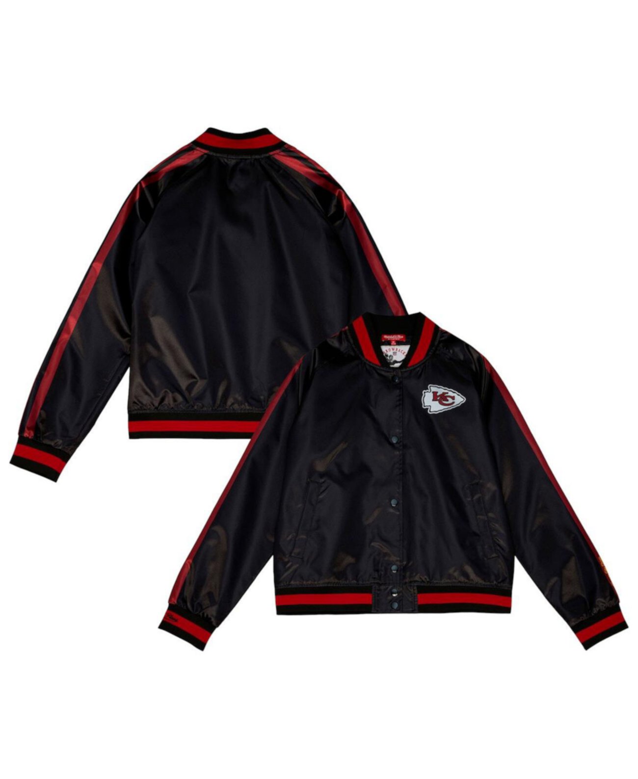 Женская черная атласная куртка на кнопках Kansas City Chiefs с эффектом потертости реглан Mitchell & Ness