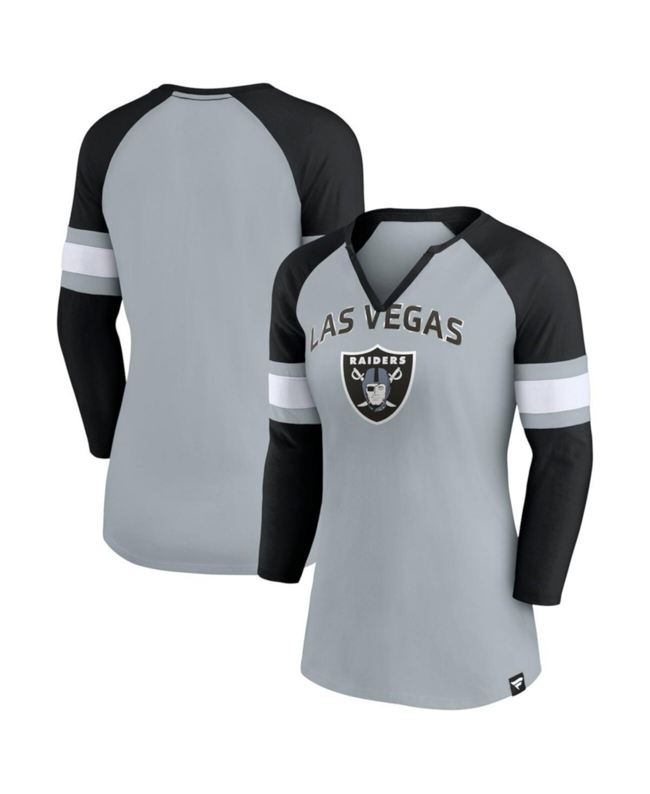 Женская серо-черная футболка с вырезом в горловине Las Vegas Raiders Arch реглан, рукав 3/4 Fanatics