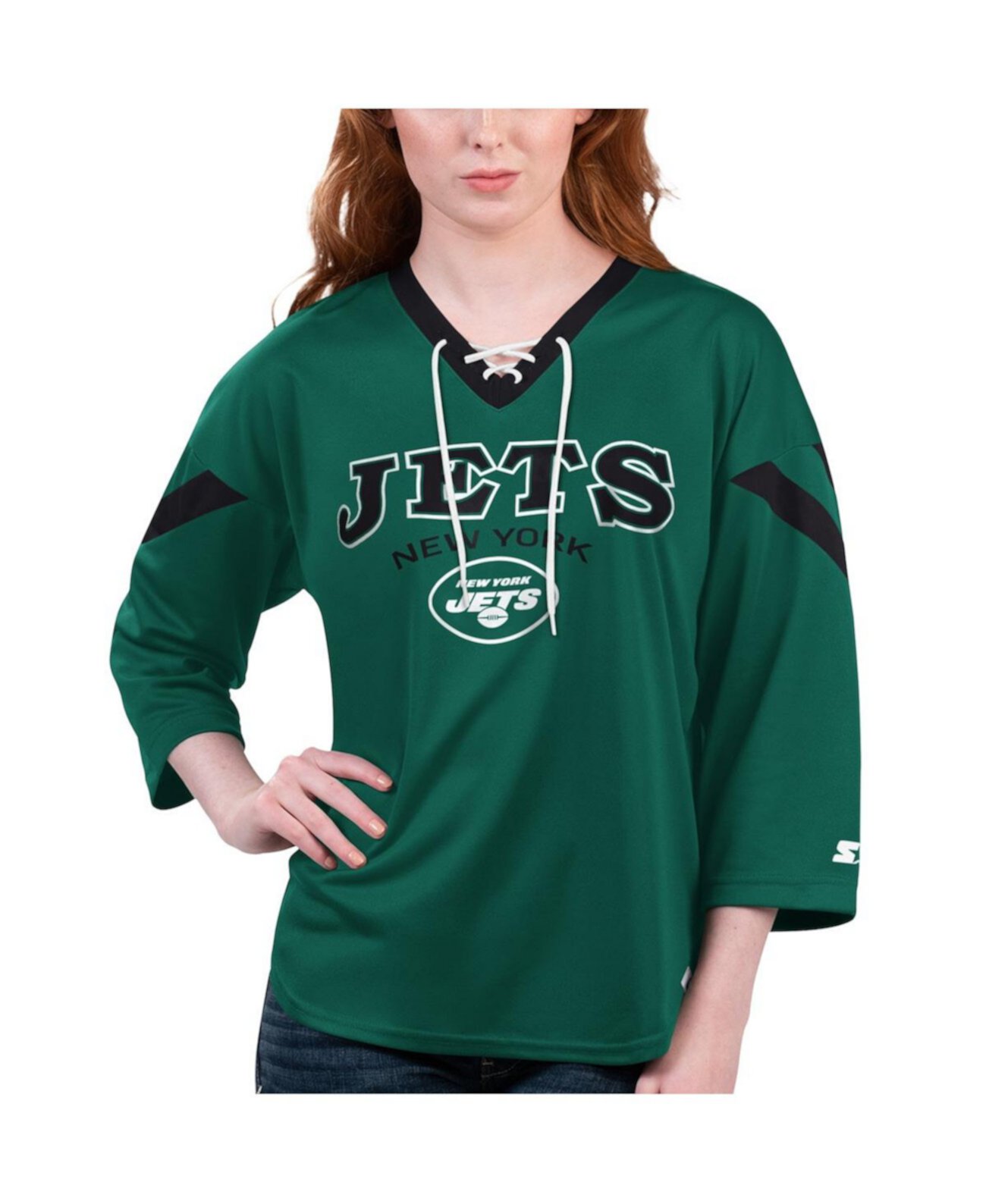 Женская зеленая футболка New York Jets Rally с графичным узором, шнуровкой и 3/4 рукавами Starter