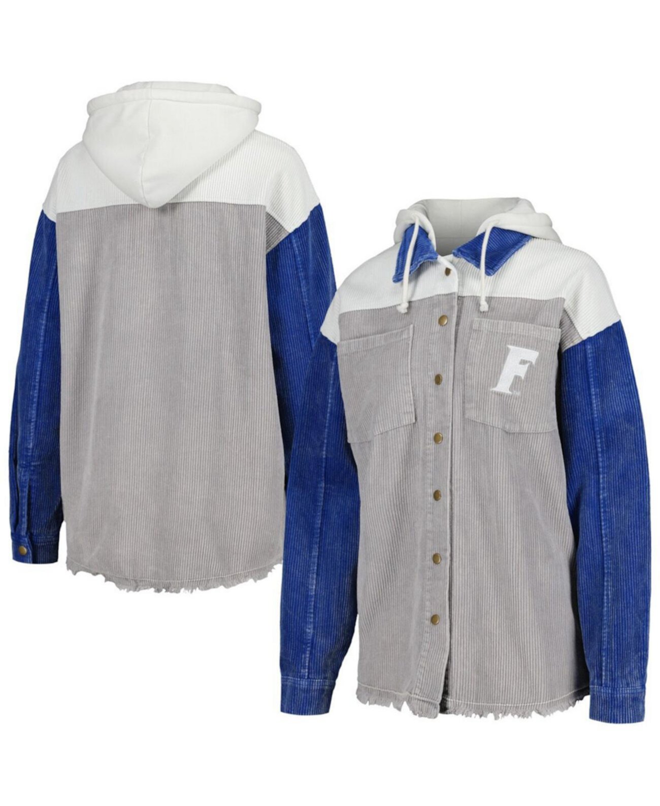 Женская серая потертая вельветовая куртка с капюшоном в винтажном стиле, потертости и застежкой на кнопки Gameday Couture