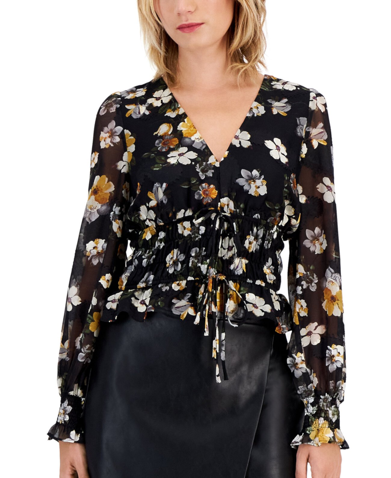 Женская блузка с цветочным принтом, присборенной талией, завязкой спереди и прозрачными рукавами Lucy Paris