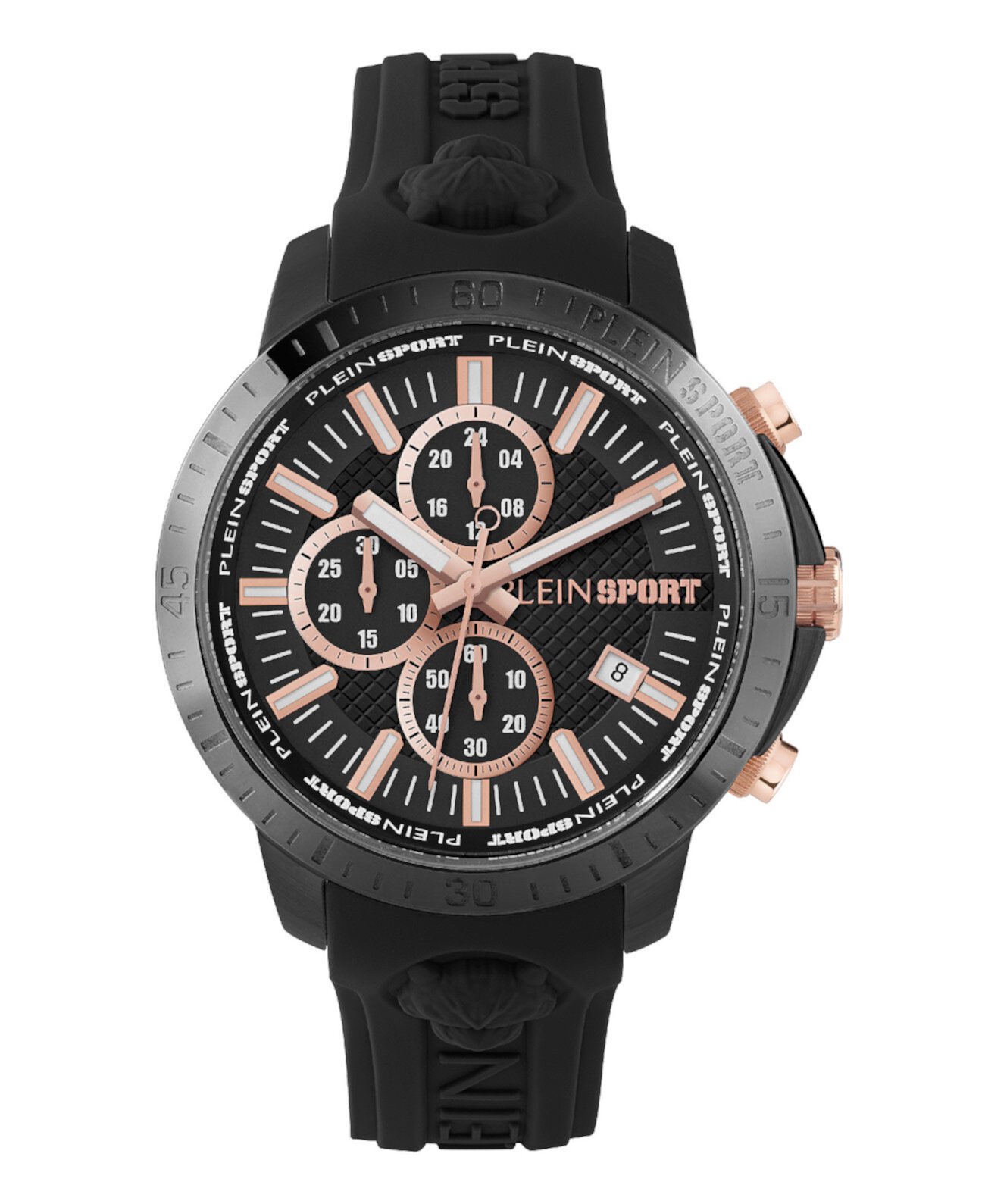 Мужские часы с хронографом и датой, кварцевые часы Plein Gain, черный силиконовый ремешок, 43 мм Plein Sport