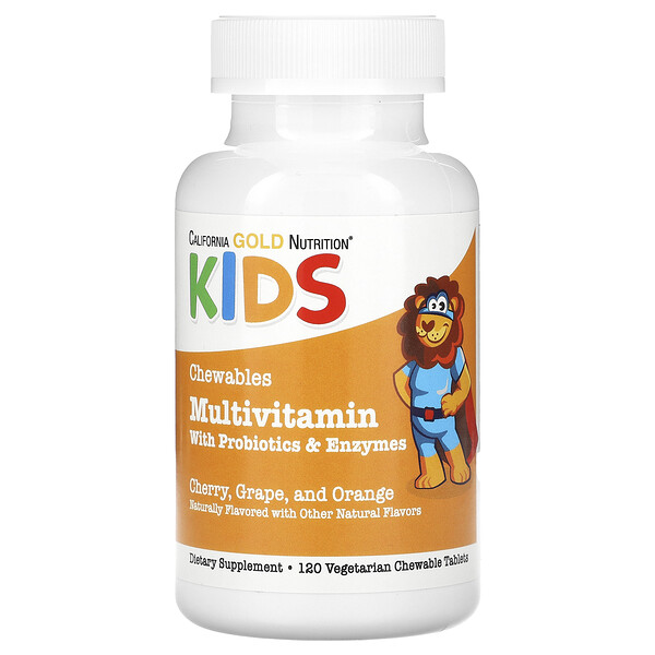 Жевательные мультивитамины с пробиотиками и ферментами для детей, фруктовое ассорти, 120 вегетарианских таблеток California Gold Nutrition