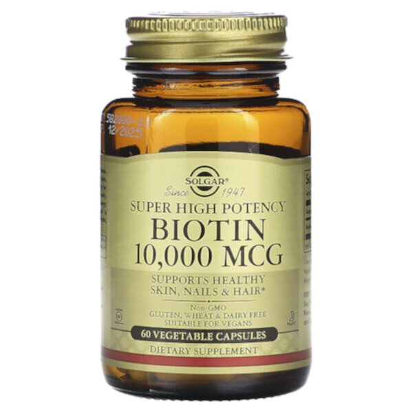 Супервысокоэффективный биотин, 10 000 мкг, 60 растительных капсул Solgar