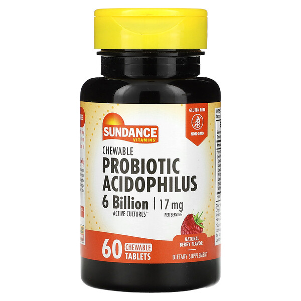 Жевательный пробиотик Ацидофилус, Натуральная ягода - 6 миллиардов - 60 жевательных таблеток - Sundance Vitamins Sundance Vitamins