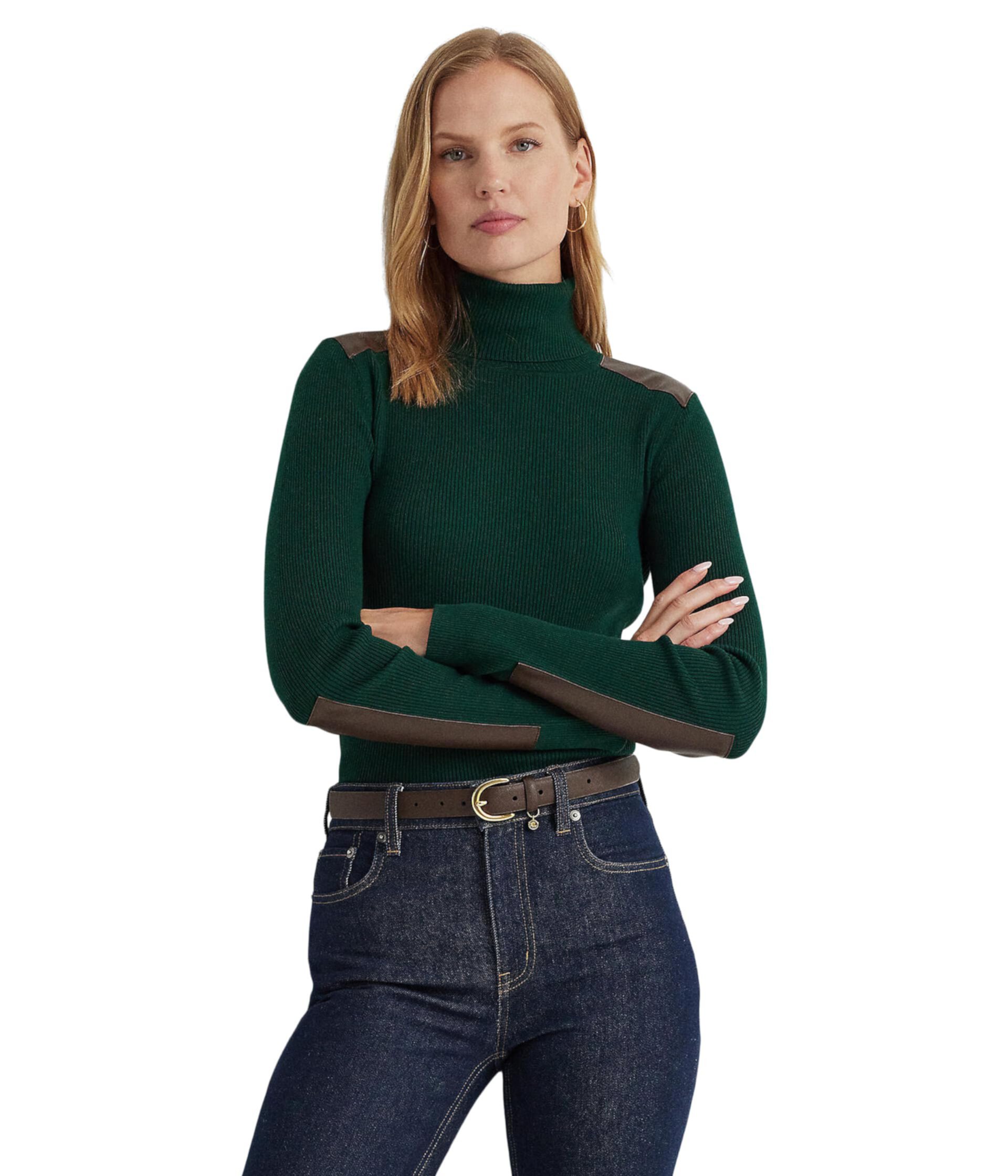 Petite Faux Leather Trim Ribbed Turtleneck LAUREN Ralph Lauren