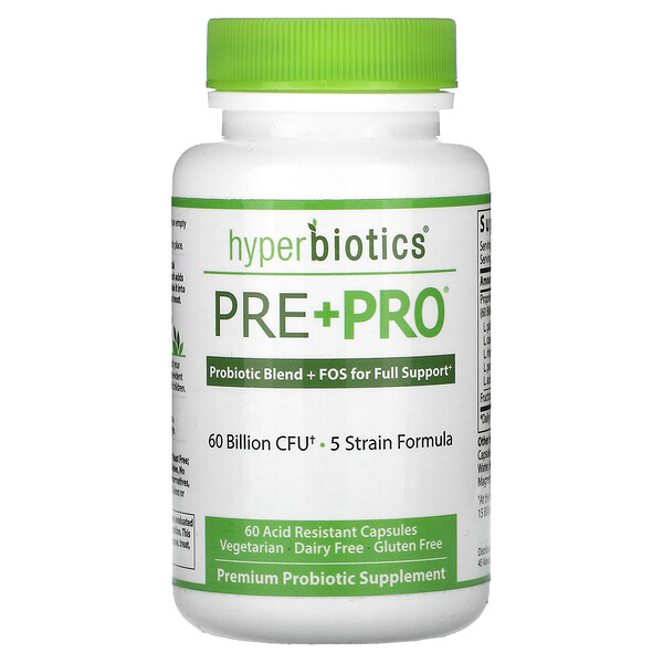 Pre + Pro, 60 миллиардов КОЕ, 60 кислотоустойчивых капсул Hyperbiotics