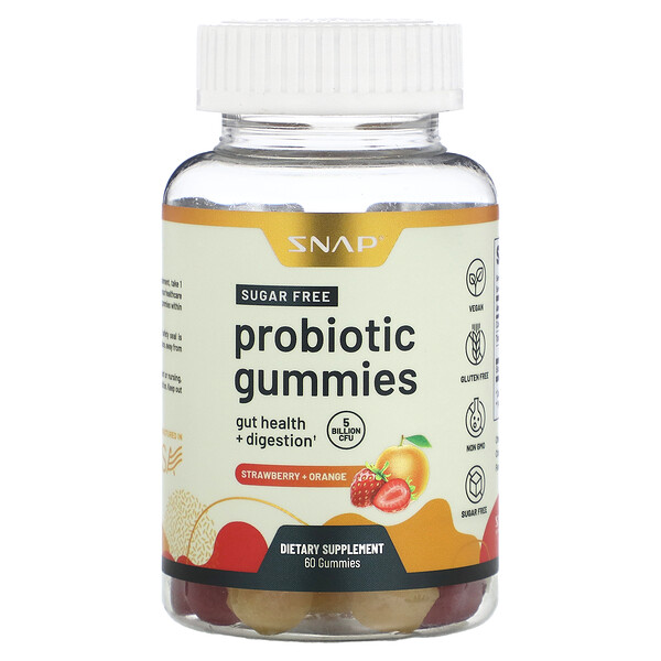 Жевательные таблетки с пробиотиками, без сахара, клубника + апельсин, 5 миллиардов КОЕ, 60 жевательных конфет Snap Supplements